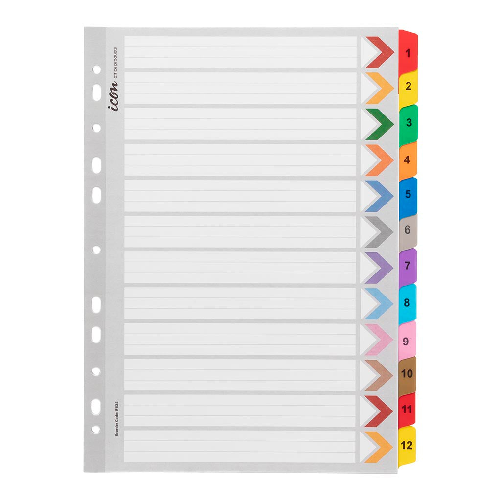 Icon Cardboard Indices with Reinforced Tabs 1-12 Coloured - Cafe Supply