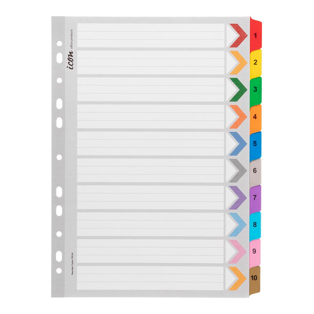 Icon Cardboard Indices with Reinforced Tabs 1-10 Coloured - Cafe Supply