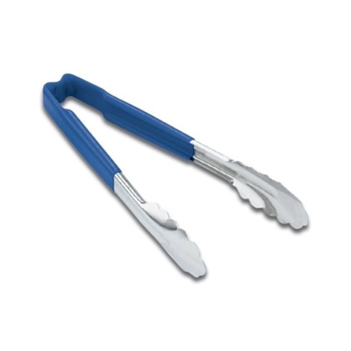 12-inch stainless steel one-piece scalloped tongs with blue Kool-Touch® handle - Cafe Supply