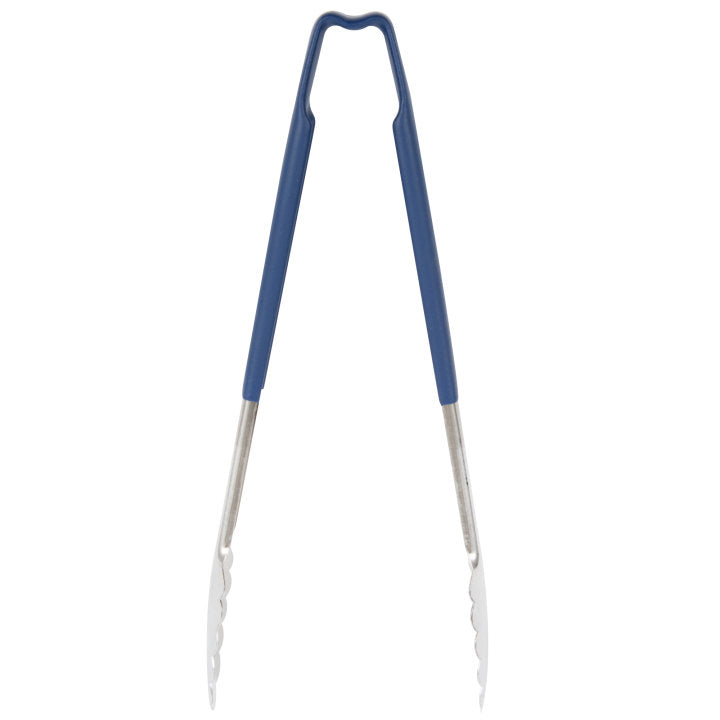 12-inch stainless steel one-piece scalloped tongs with blue Kool-Touch® handle - Cafe Supply