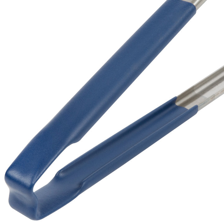 12-inch stainless steel one-piece scalloped tongs with blue Kool-Touch® handle - Cafe Supply