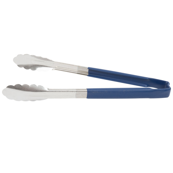 12-inch stainless steel one-piece scalloped tongs with blue Kool-Touch® handle - Cafe Supply