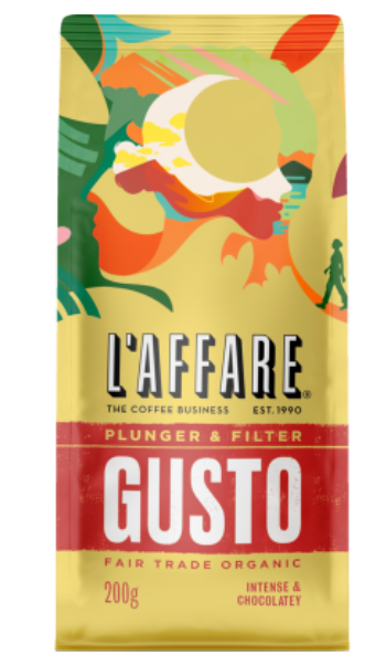 L'affare Gusto Plunger & Filter Fair Trade Organic Coffee 200g - Cafe Supply