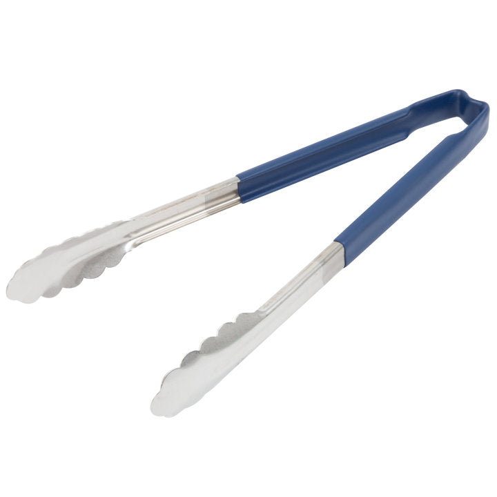 12-inch stainless steel one-piece scalloped tongs with blue Kool-Touch® handle - Cafe Supply