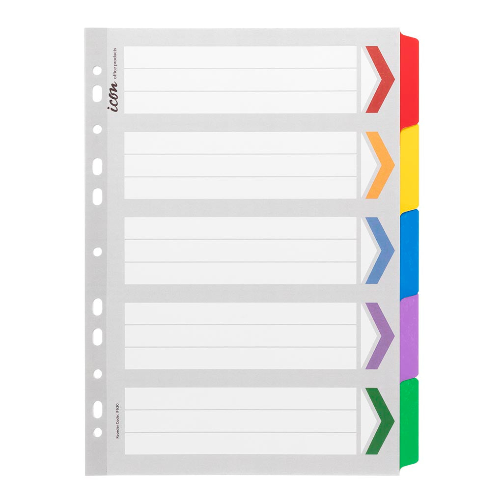 Icon Cardboard Dividers with Reinforced Tabs 5 Tab Coloured - Cafe Supply
