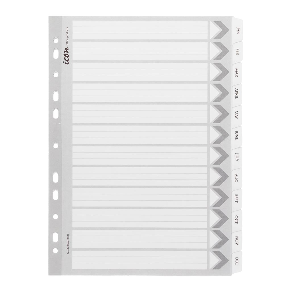 Icon Cardboard Indices with Reinforced Tabs Jan-Dec White - Cafe Supply
