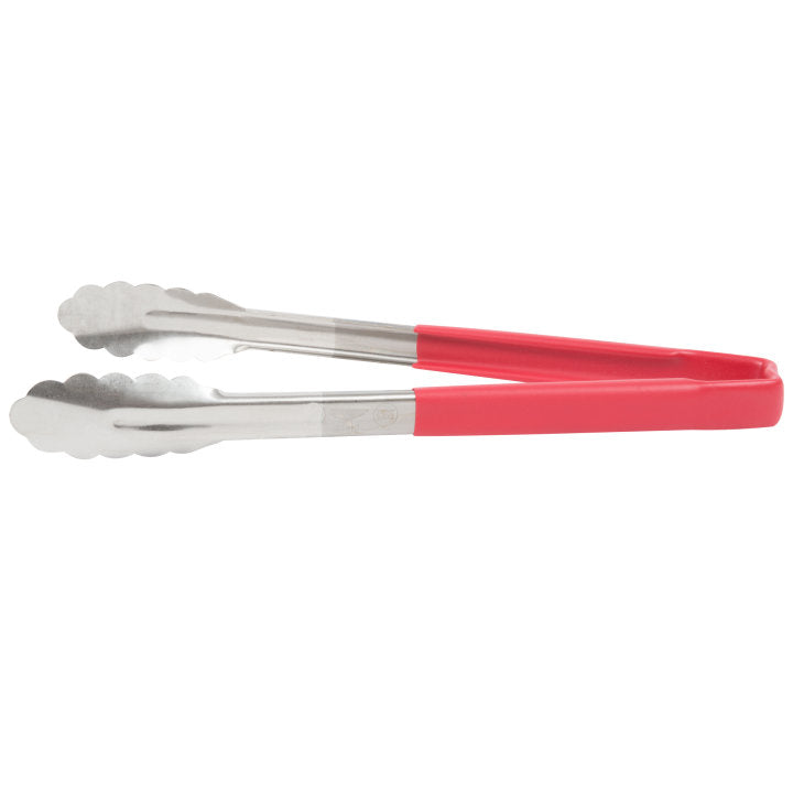 12-inch stainless steel one-piece scalloped tongs with red Kool-Touch® handle - Cafe Supply