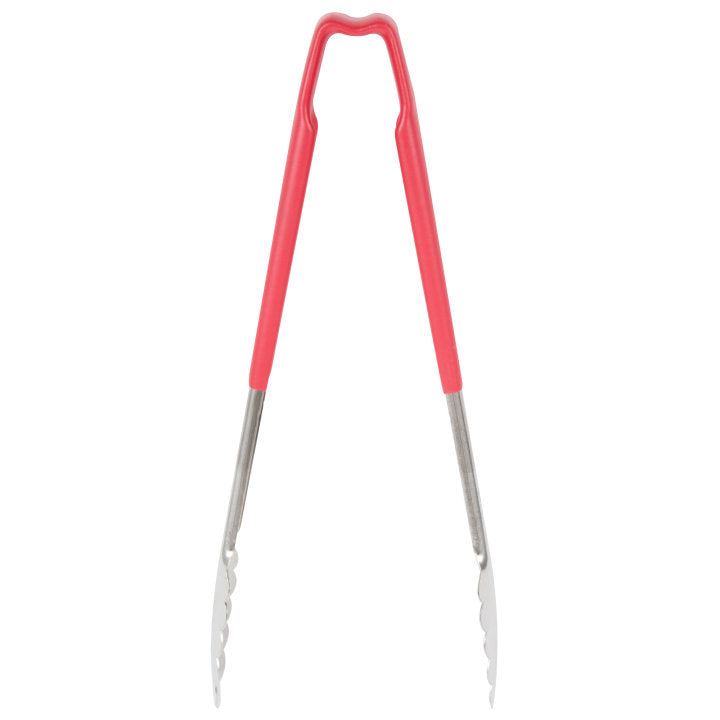 12-inch stainless steel one-piece scalloped tongs with red Kool-Touch® handle - Cafe Supply