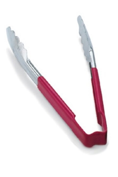 12-inch stainless steel one-piece scalloped tongs with red Kool-Touch® handle - Cafe Supply