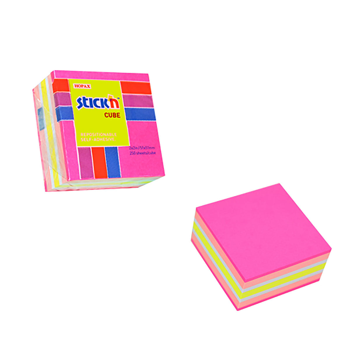 Stick'n Note Cube 51x51mm 250 Sheets Neon & Pastel Mix Magenta Front - Cafe Supply