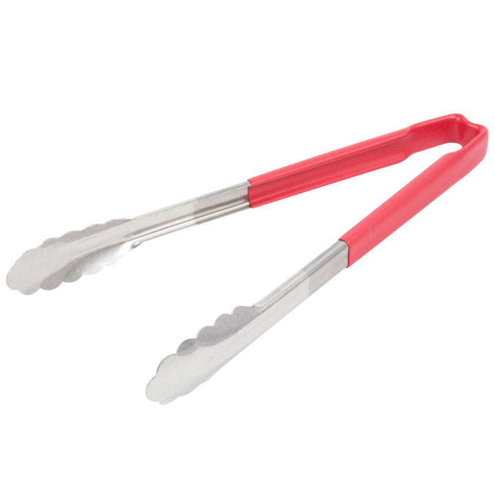 12-inch stainless steel one-piece scalloped tongs with red Kool-Touch® handle - Cafe Supply