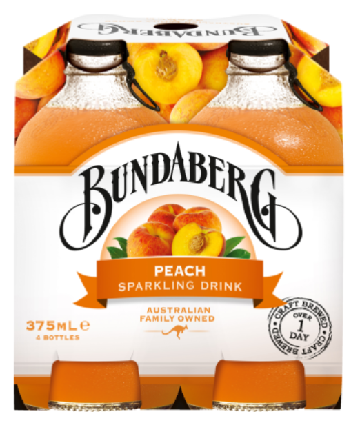 Bundaberg Peach Sparkling Drink Bottles 4 x 375ml - Cafe Supply