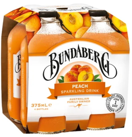 Bundaberg Peach Sparkling Drink Bottles 4 x 375ml - Cafe Supply