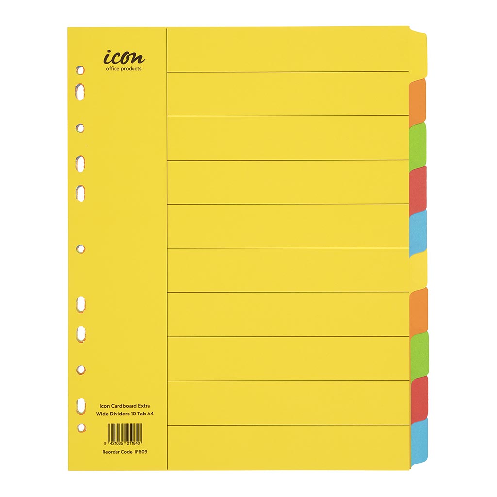 Icon Cardboard Dividers Extra Wide 10 Tab Coloured - Cafe Supply