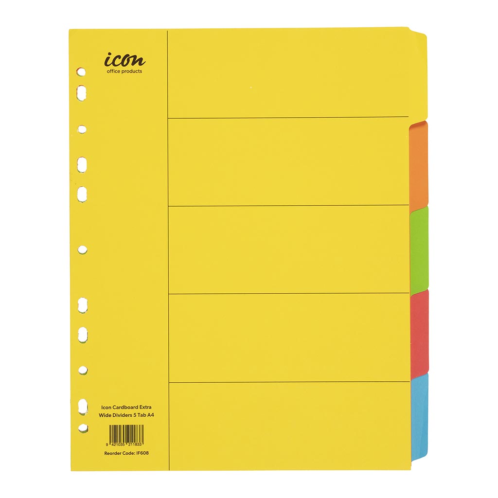 Icon Cardboard Dividers Extra Wide 5 Tab Coloured - Cafe Supply