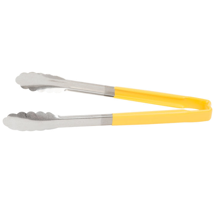 12-inch stainless steel one-piece scalloped tongs with yellow Kool-Touch® handle - Cafe Supply