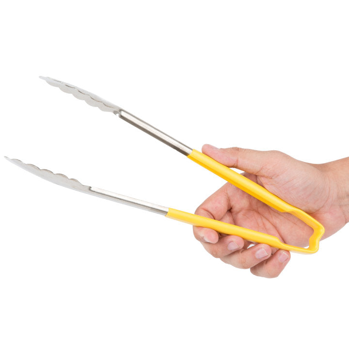 12-inch stainless steel one-piece scalloped tongs with yellow Kool-Touch® handle - Cafe Supply
