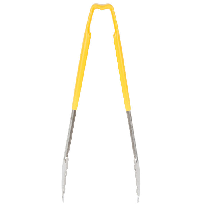 12-inch stainless steel one-piece scalloped tongs with yellow Kool-Touch® handle - Cafe Supply