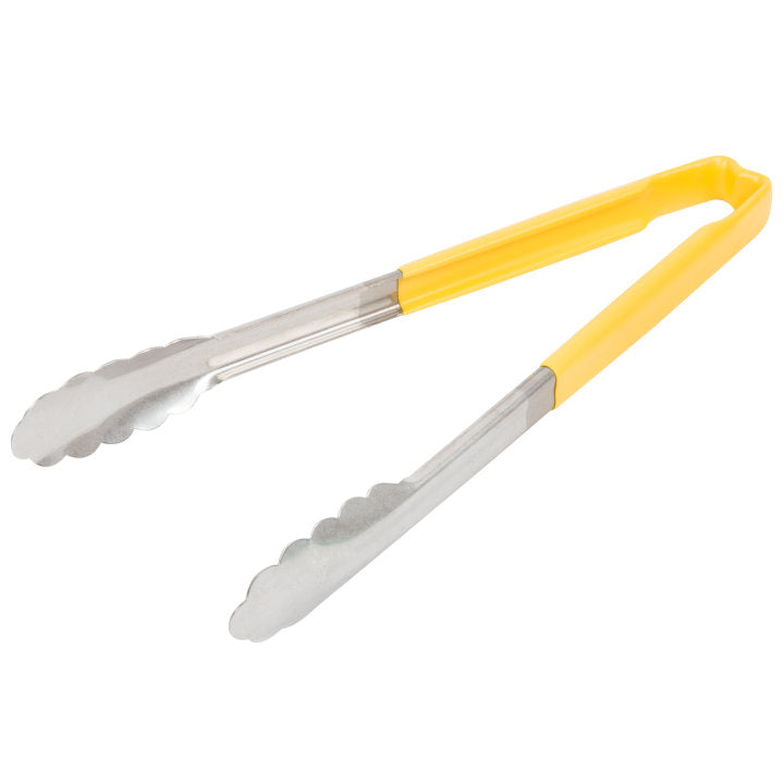 12-inch stainless steel one-piece scalloped tongs with yellow Kool-Touch® handle - Cafe Supply