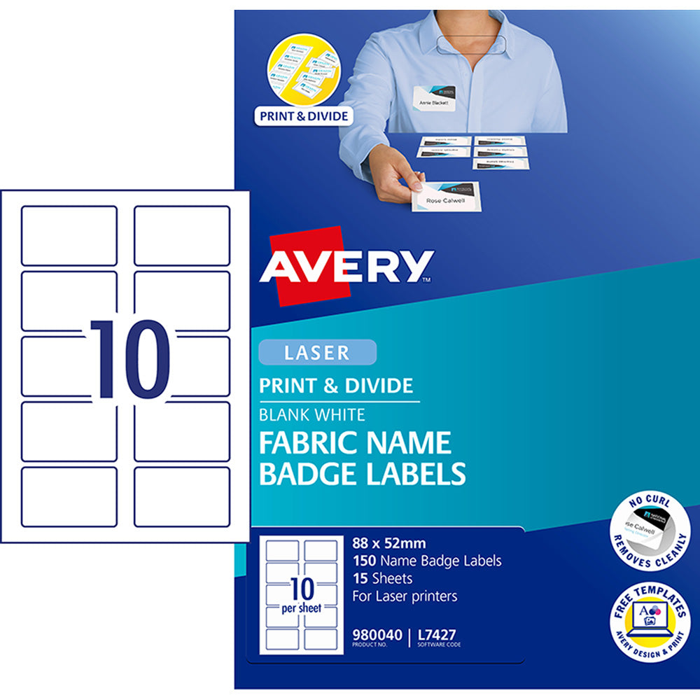Avery Name Badge L7427 Fabric Laser 88x52mm 10up 15 Sheets - Cafe Supply