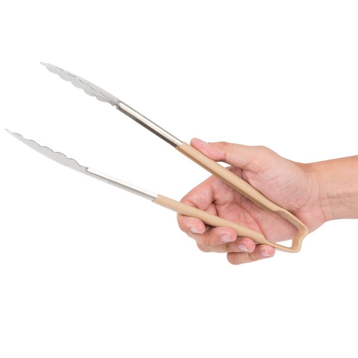 12-inch stainless steel one-piece scalloped tongs with tan Kool-Touch® handle - Cafe Supply