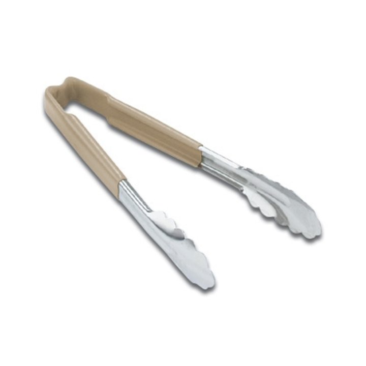 12-inch stainless steel one-piece scalloped tongs with tan Kool-Touch® handle - Cafe Supply