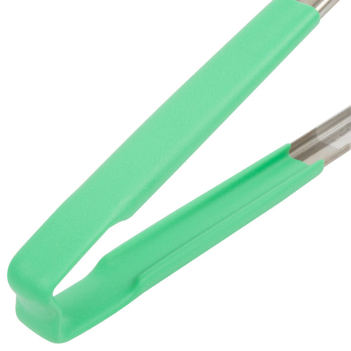 12-inch stainless steel one-piece scalloped tongs with green Kool-Touch® handle - Cafe Supply