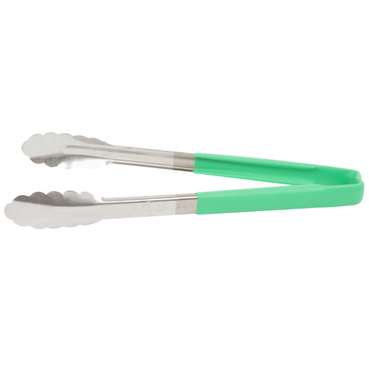 12-inch stainless steel one-piece scalloped tongs with green Kool-Touch® handle - Cafe Supply