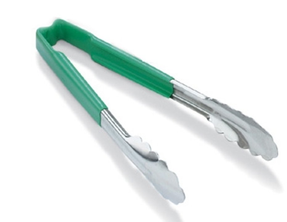 12-inch stainless steel one-piece scalloped tongs with green Kool-Touch® handle - Cafe Supply
