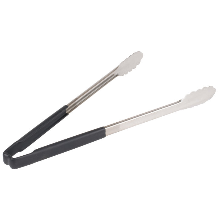 16-inch stainless steel one-piece scalloped tongs with black Kool-Touch® handle - Cafe Supply