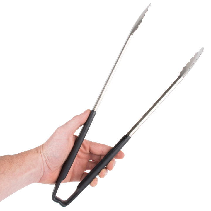 16-inch stainless steel one-piece scalloped tongs with black Kool-Touch® handle - Cafe Supply