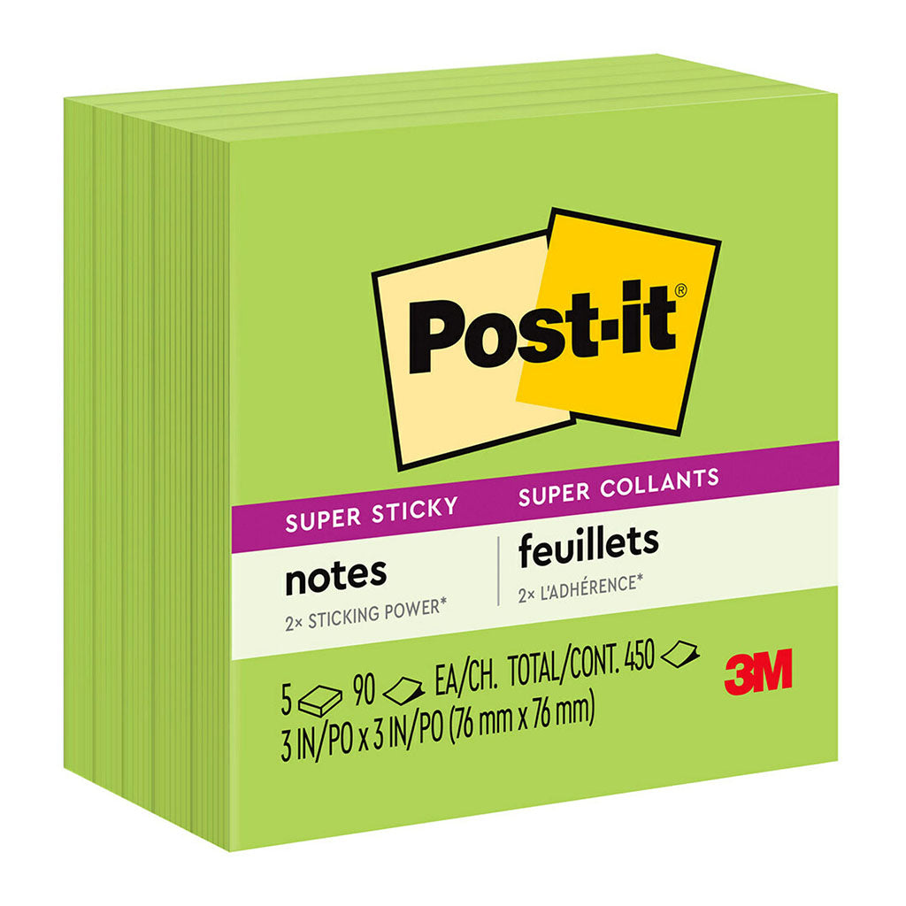 Post-it Super Sticky Notes 654-5SSLE 76x76mm Limeade, Pack of 5 - Cafe Supply