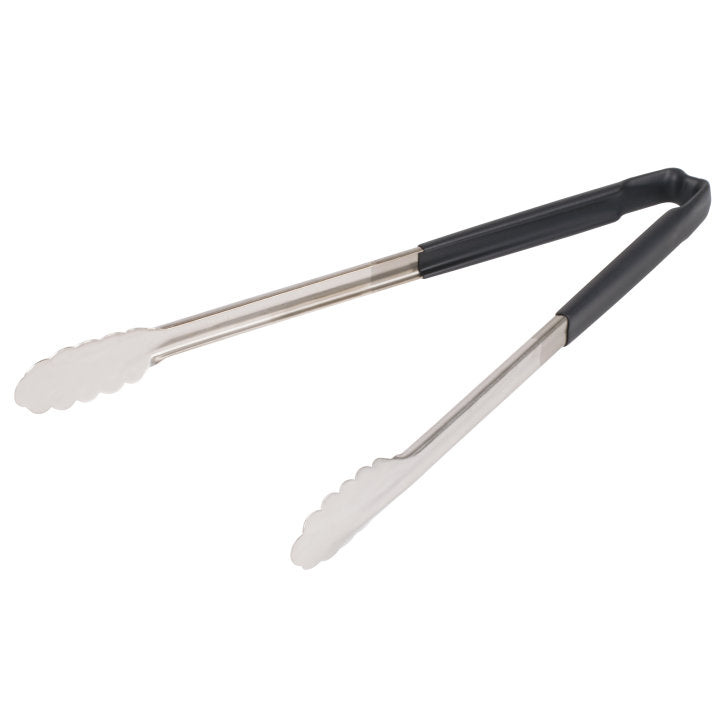 16-inch stainless steel one-piece scalloped tongs with black Kool-Touch® handle - Cafe Supply