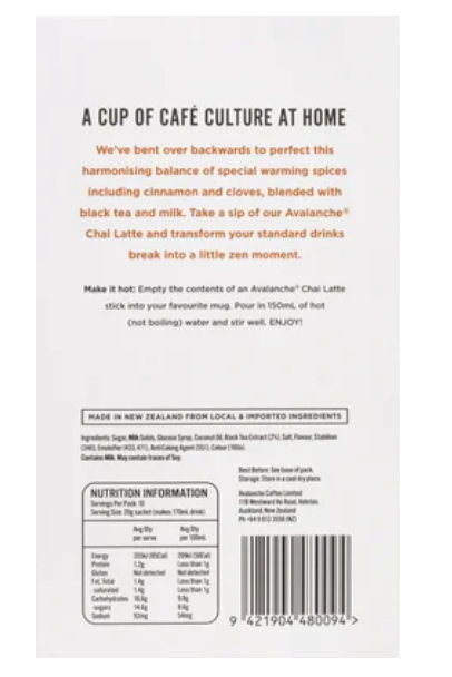 Avalanche Cafe Style Chai Latte Sticks 10 x 20g - Cafe Supply