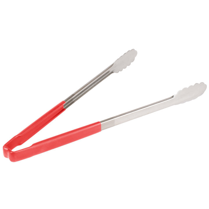 16-inch stainless steel one-piece scalloped tongs with red Kool-Touch® handle - Cafe Supply