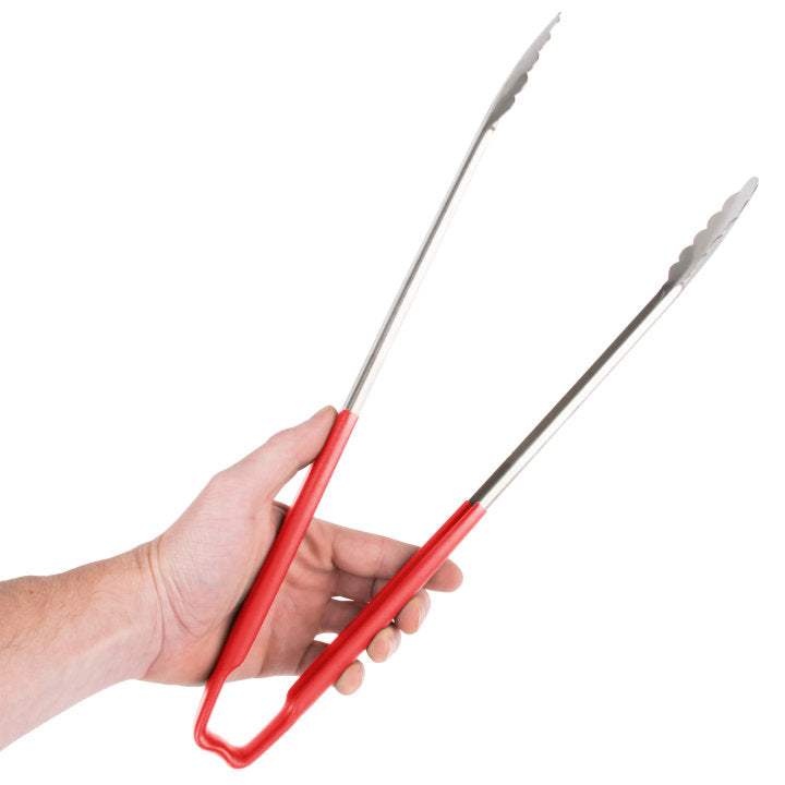 16-inch stainless steel one-piece scalloped tongs with red Kool-Touch® handle - Cafe Supply