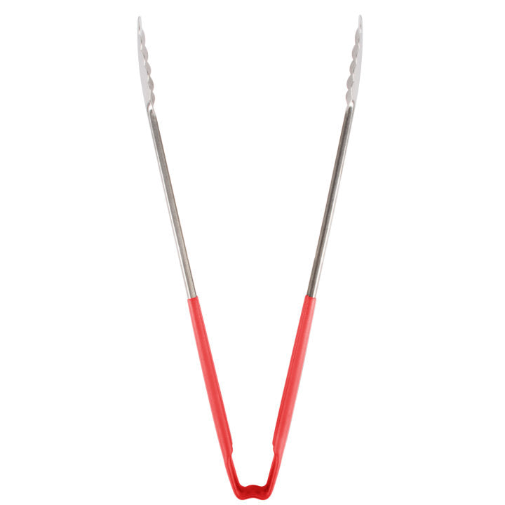 16-inch stainless steel one-piece scalloped tongs with red Kool-Touch® handle - Cafe Supply
