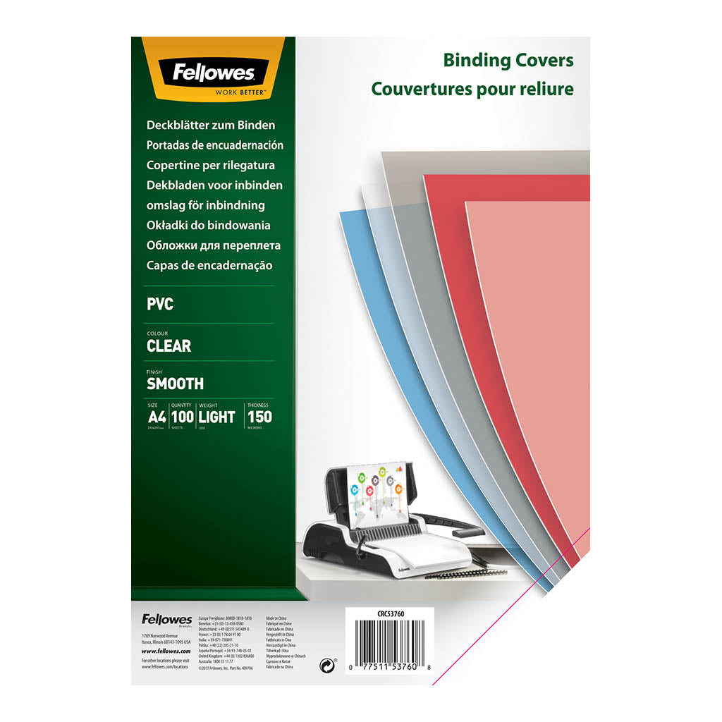 Fellowes Binding Covers A4 150mic Clear, Pack of 100 - Cafe Supply