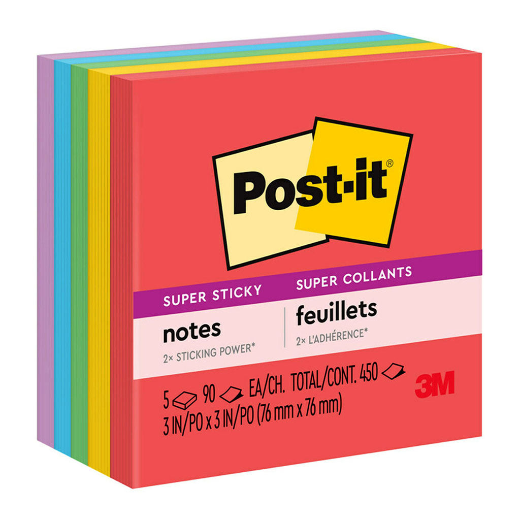 Post-it Super Sticky Notes 654-5SSAN 76x76mm Primaries (Marrakesh), Pack of 5 - Cafe Supply
