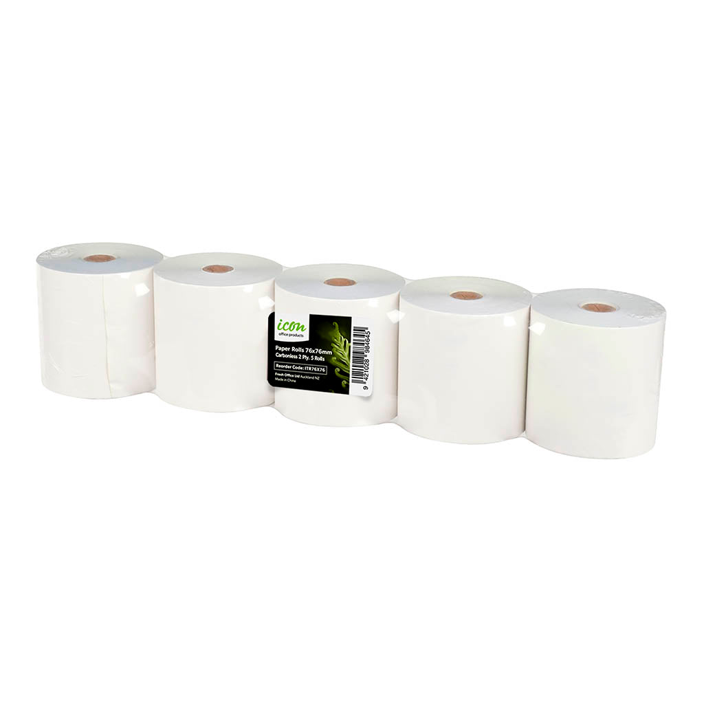 Icon Carbonless 2 Ply Paper Roll 76x76mm, Pack of 5 - Cafe Supply