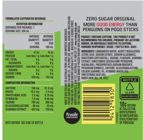 V Zero Sugar Original Guarana Energy Drink 350ml - Cafe Supply