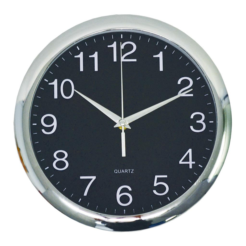Italplast Quartz Wall Clock 30cm Black, Chrome Trim - Cafe Supply