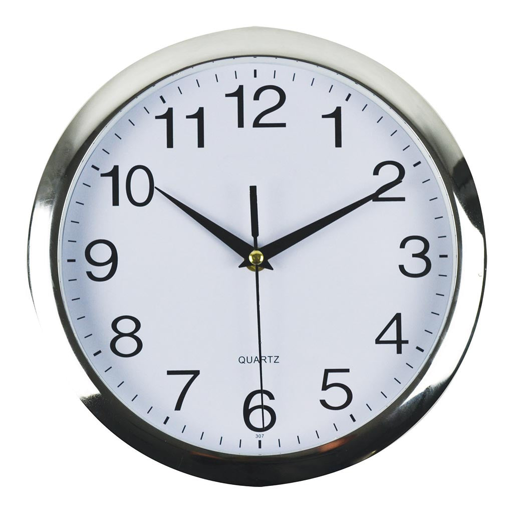 Italplast Quartz Wall Clock 26cm White, Chrome Trim - Cafe Supply