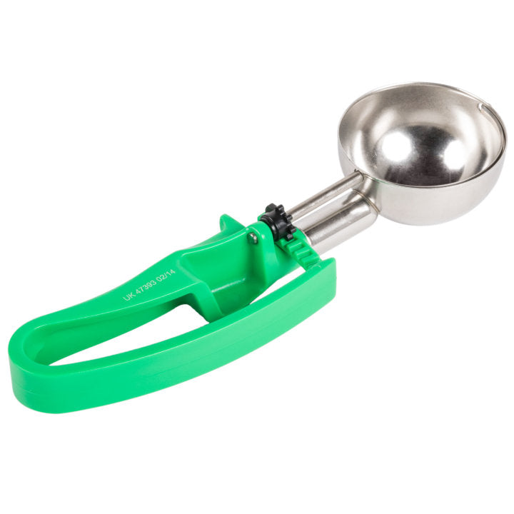 2 ⅘-ounce disher with green squeeze handle - Cafe Supply