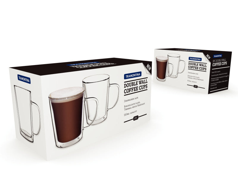 Tramontina Double Wall Coffee Cup With Handle 250ml - Set 2 - Cafe Supply
