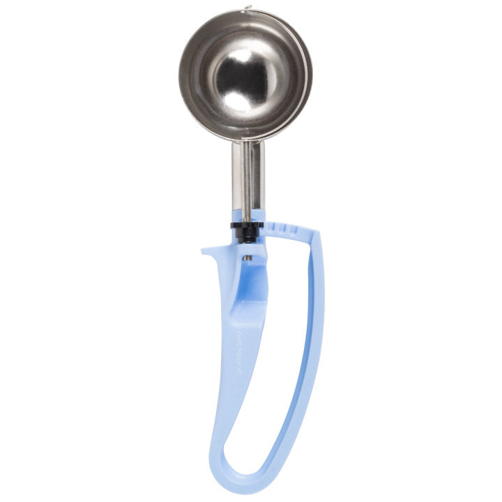 2 ⅖-ounce disher with sky blue squeeze handle - Cafe Supply