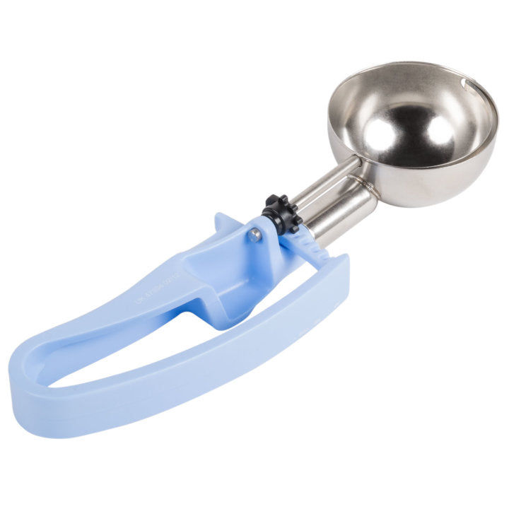 2 ⅖-ounce disher with sky blue squeeze handle - Cafe Supply
