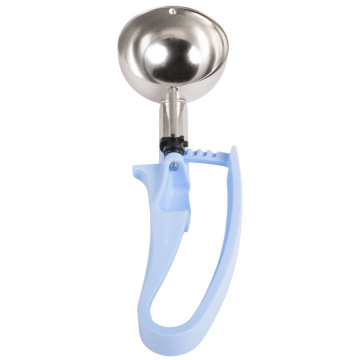 2 ⅖-ounce disher with sky blue squeeze handle - Cafe Supply