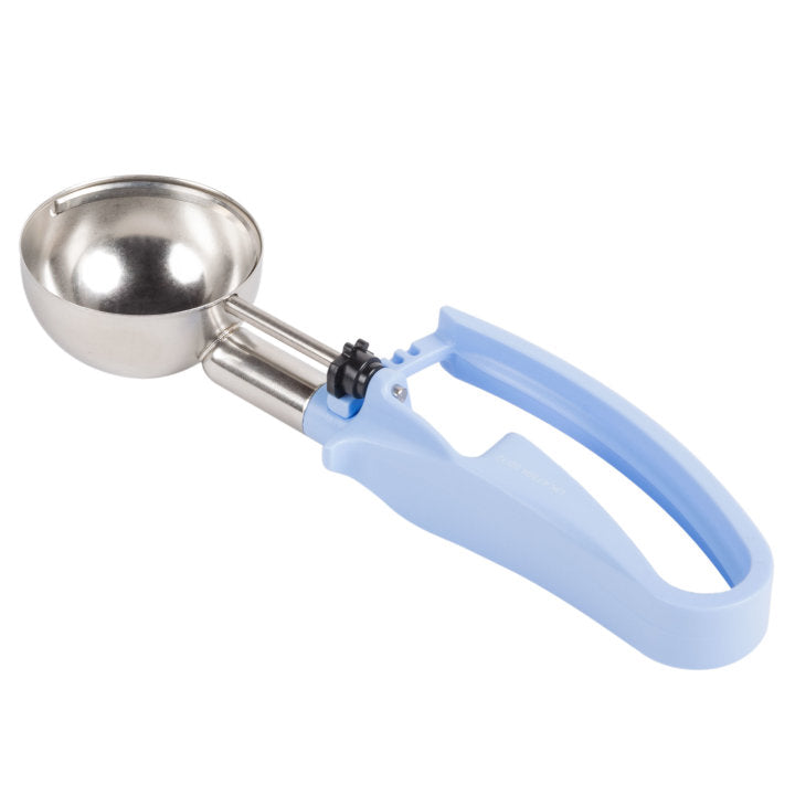 2 ⅖-ounce disher with sky blue squeeze handle - Cafe Supply