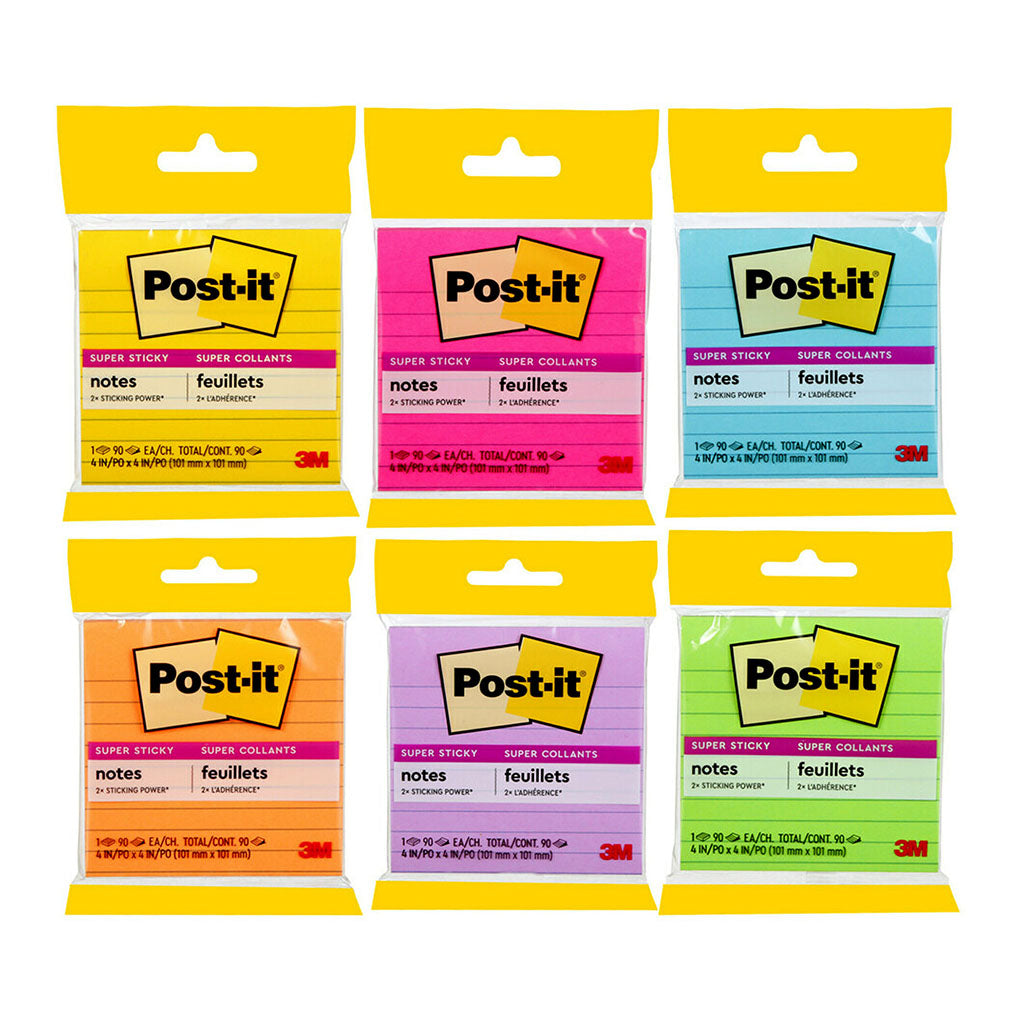 Post-it Super Sticky Lined Notes 4490-SSMX 101x101mm Assorted 90sh - Cafe Supply